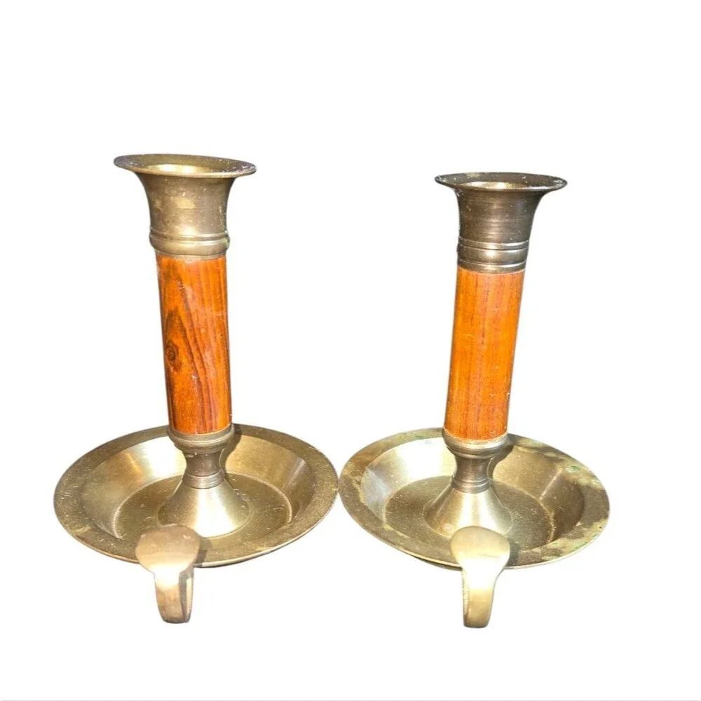 Vintage‎ Made In India Pair Of Wood & Brass Chambersticks 4.5